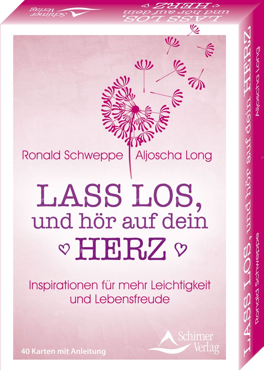 Kartenbox mit Titel "Lass los, und hör auf dein HERZ". Rosa Design mit Pusteblume. Autoren: Ronald Schweppe, Aljoscha Long. 40 Karten mit Anleitung.