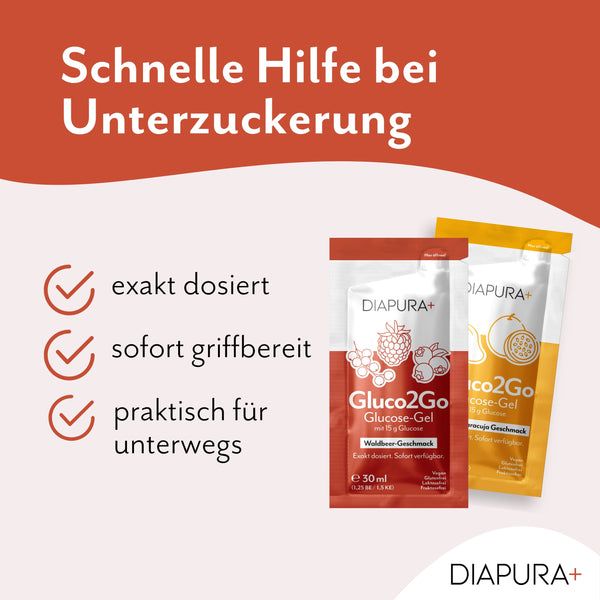 DIAPURA Gluco2Go Glucose-Gel Mix-Paket mit Waldbeer & Mango-Maracuja, Energie bei Unterzuckerung