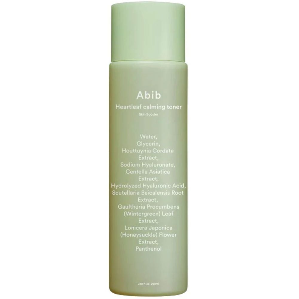 Grüne Flasche mit weißer Schrift. Aufschrift: Abib Heartleaf Calming Toner Skin Booster. Zutatenliste.