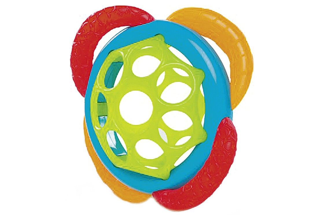 Mehrfarbiger Baby-Beißring. Blau, grün, orange und rot. Runde Form mit Löchern und Griffen.