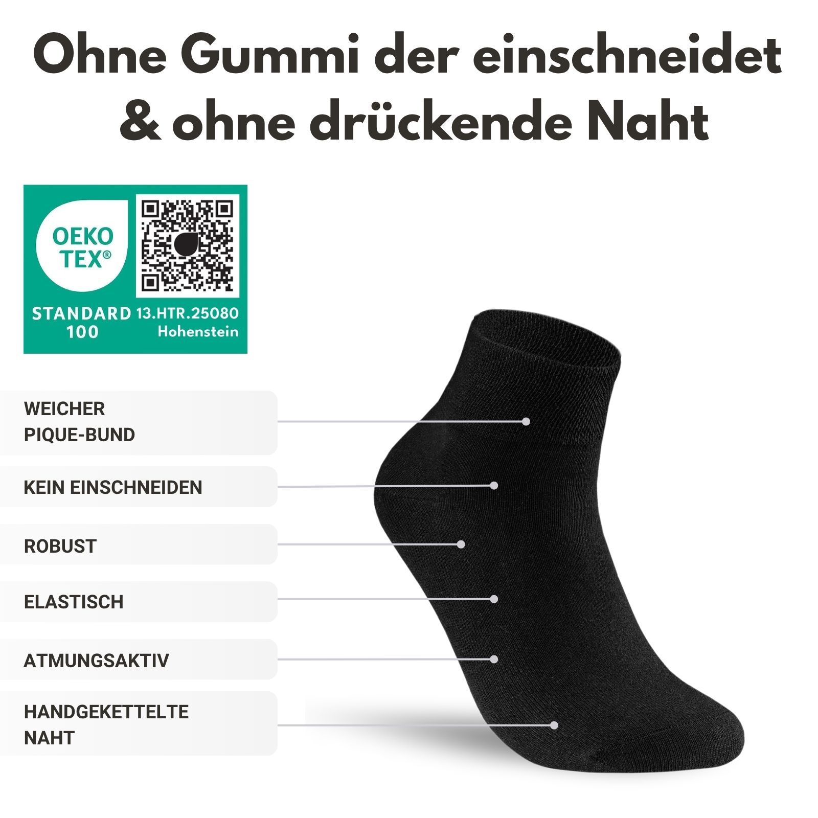 Schwarze Quarter Socke mit Text. OEKO-TEX Zertifizierung. Eigenschaften: weicher Pique-Bund, kein Einschneiden, robust, elastisch, atmungsaktiv, handgekettelte Naht.