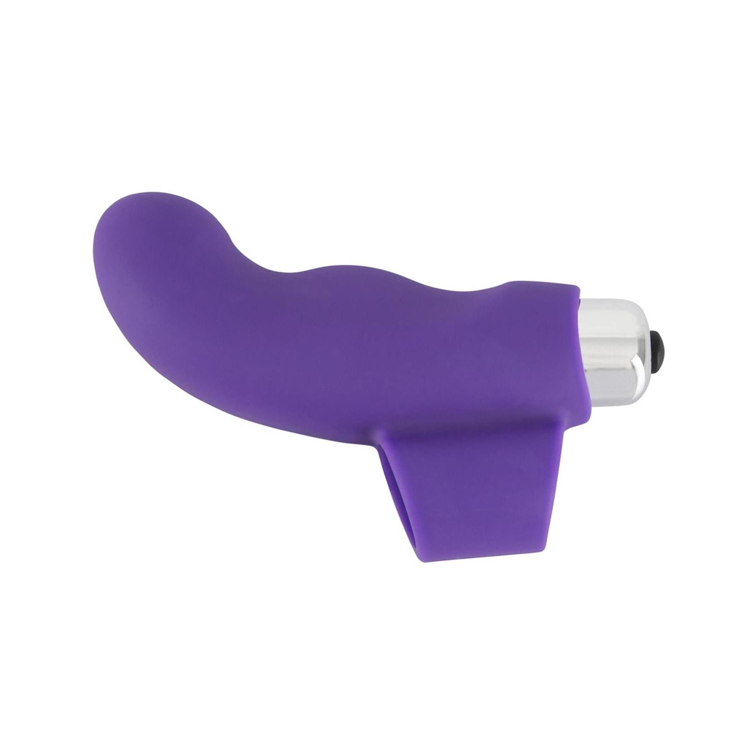 Lila Finger-Vibrator. Silikon-Material. Ringförmige Basis. Silberfarbener Vibrationskopf mit schwarzem Knopf.