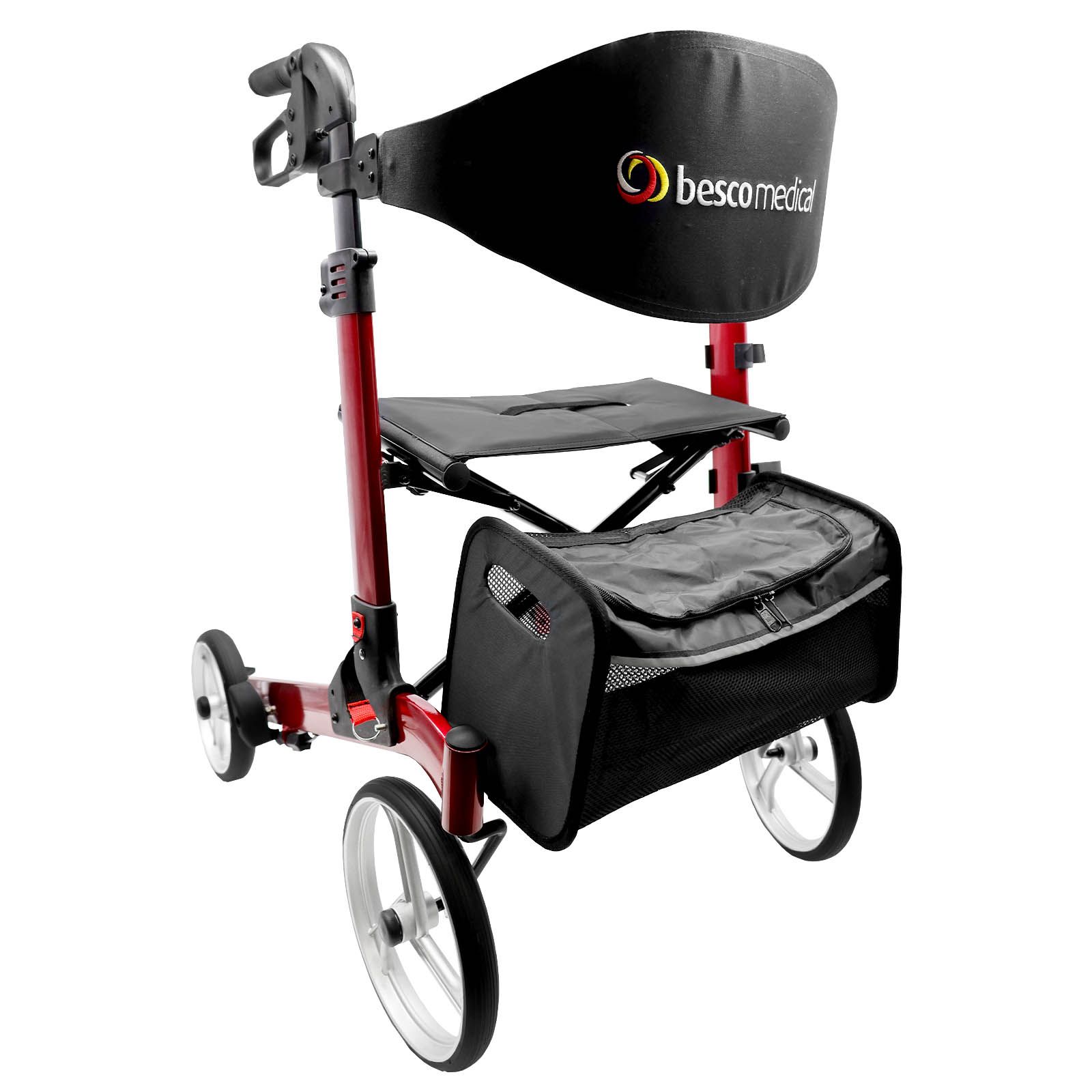 Roter Rollator mit schwarzem Sitz, Rückenlehne und Tasche. Logo: bescomedical. Vier Räder.