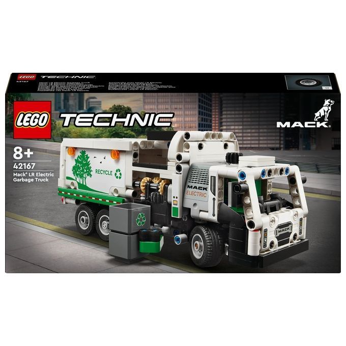LEGO Technic 42167 Camion della Spazzatura Mack LR Electric. Il set mostra un camion della spazzatura bianco e verde con il logo "Recycle" e la scritta "Mack Electric". La confezione presenta il logo LEGO Technic ed è adatta a bambini dagli 8 anni in su.