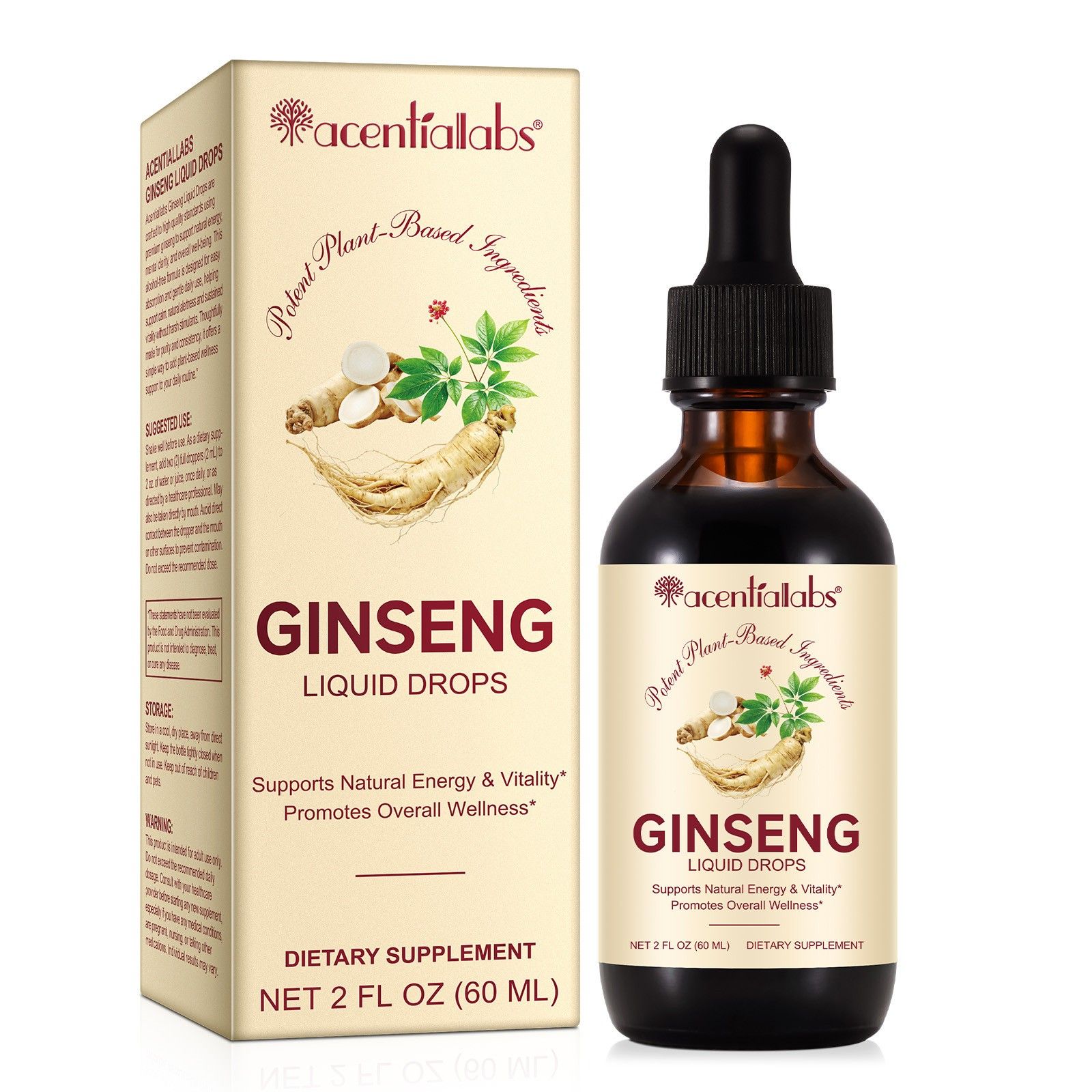 Acential Labs Roter Koreanischer Ginseng Extrakt, flüssige Tropfen aus der Panax-Wurzel 60 ml Flüssigkeit zum Einnehmen