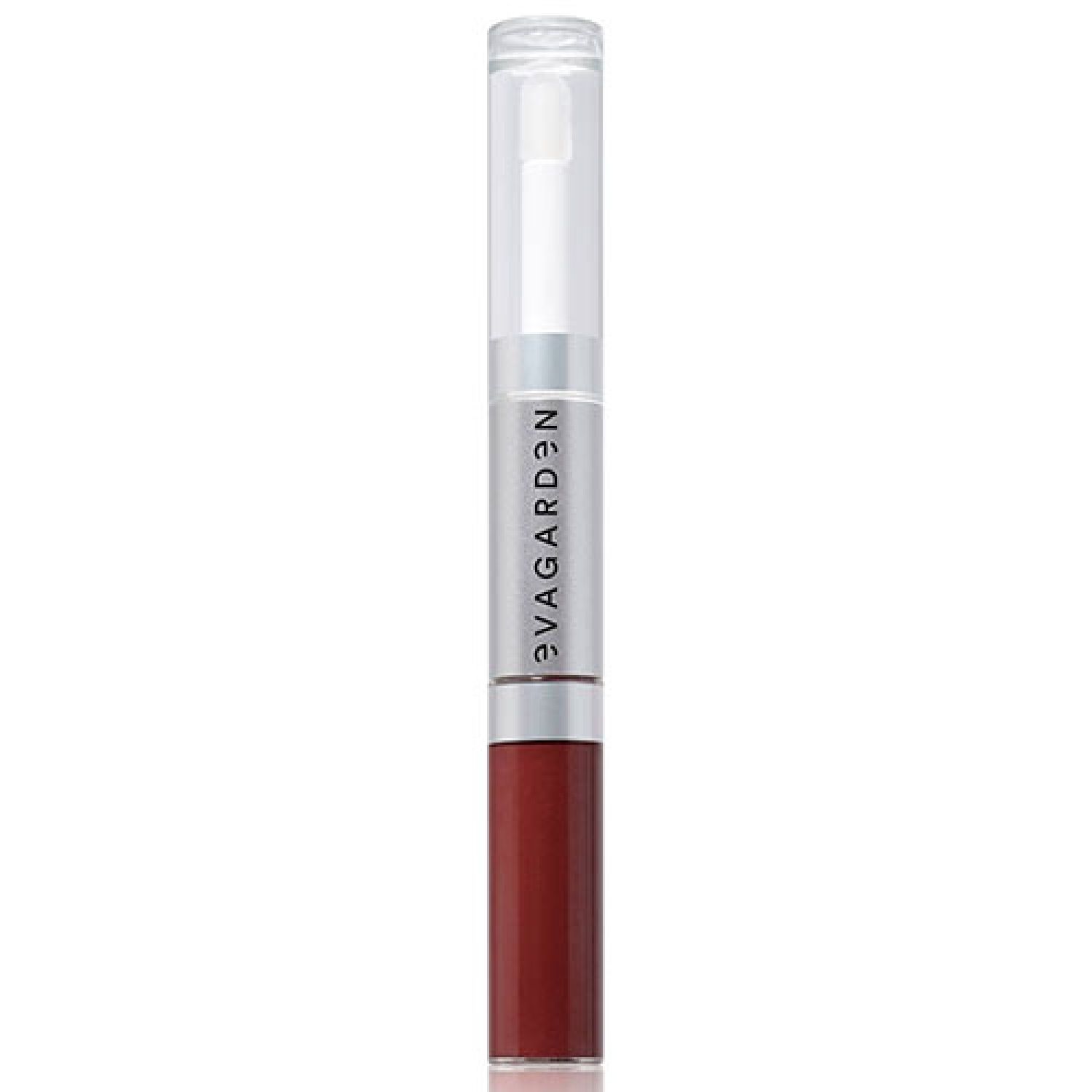 Doppel-Lippenprodukt. Obere Hälfte transparent, untere Hälfte rot. Aufschrift: evagarden.