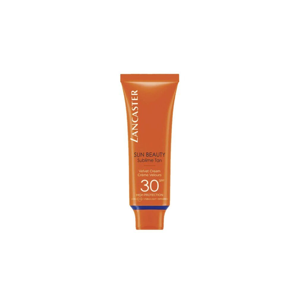 Orangefarbene Tube mit weißer Schrift. Text: Lancaster, Sun Beauty, Sublime Tan, Face Cream, SPF 30. Blauer Verschluss.