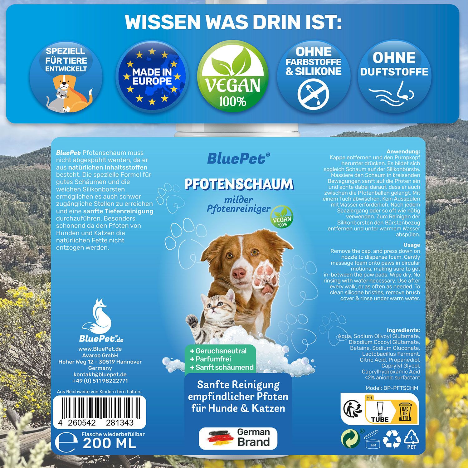 BluePet Pfotenschaum sanfter Pfotenreiniger für Hunde & Katzen