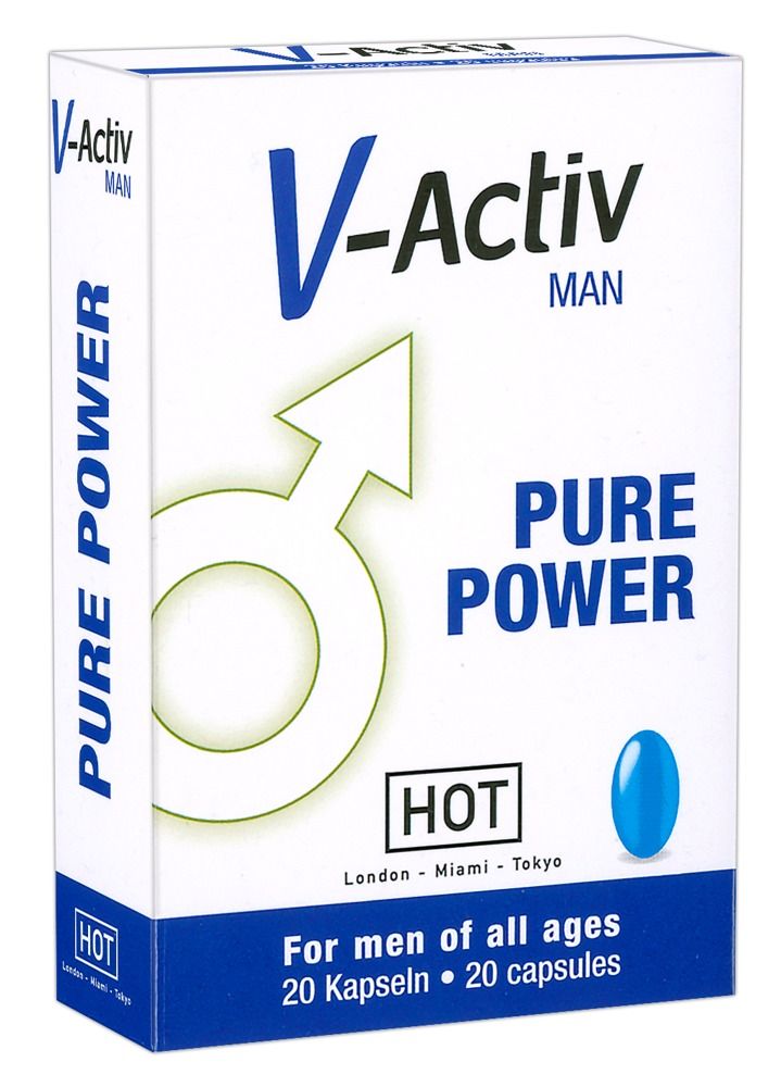 Weiße Verpackung mit blauer Schrift und einem männlichen Symbol. Text: V-Activ MAN, PURE POWER, HOT.