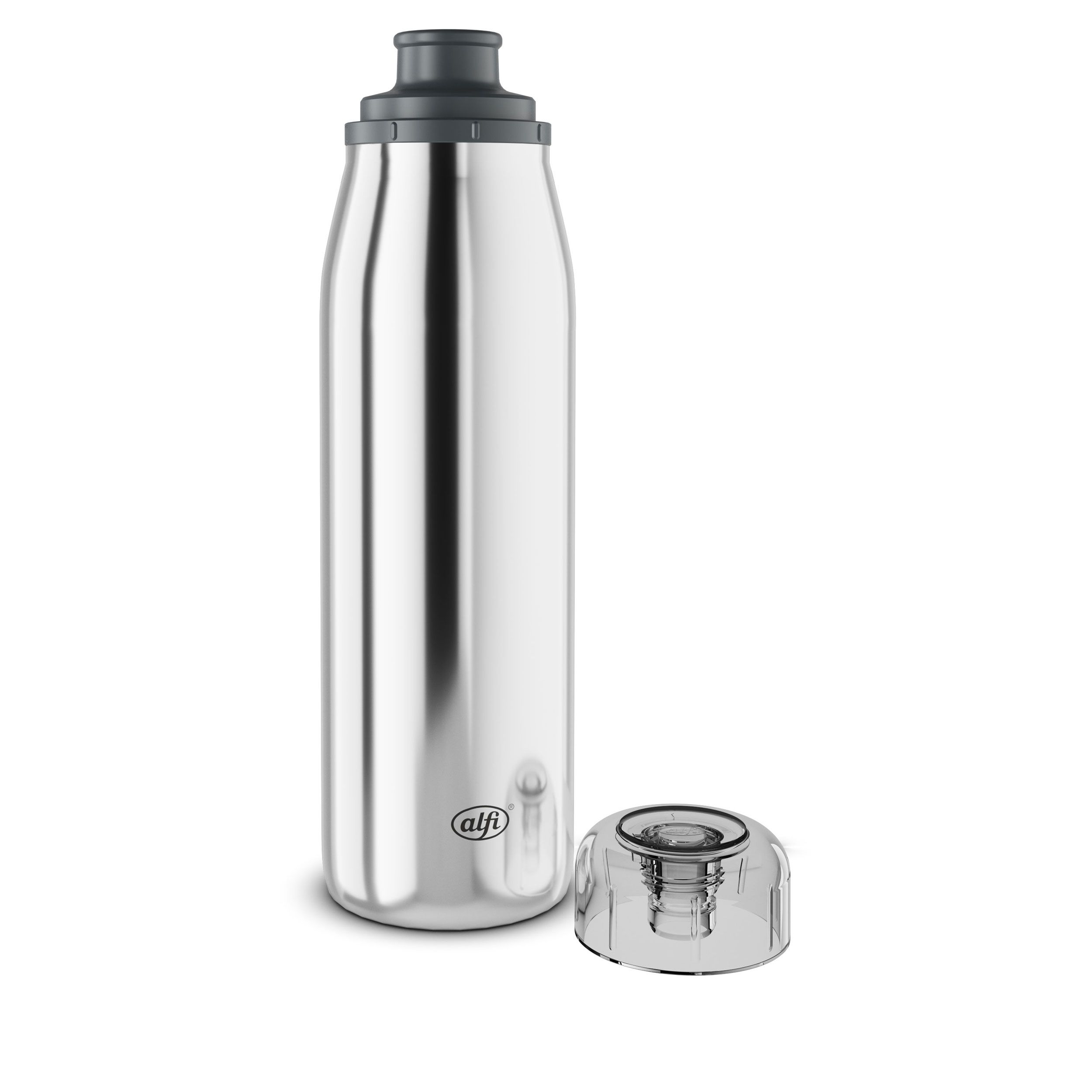 ALFI Iso Bottle 0,5l, Edelstahl, mit abgenommenem Verschluss und Schutzkappe daneben.