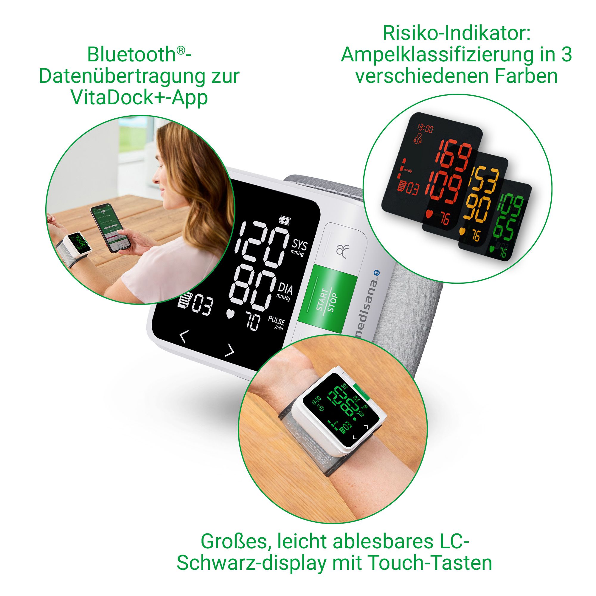 Blutdruckmessgerät am Handgelenk. 3 Displays mit Ampelklassifizierung. Text: Großes, leicht ablesbares Display. Bluetooth.
