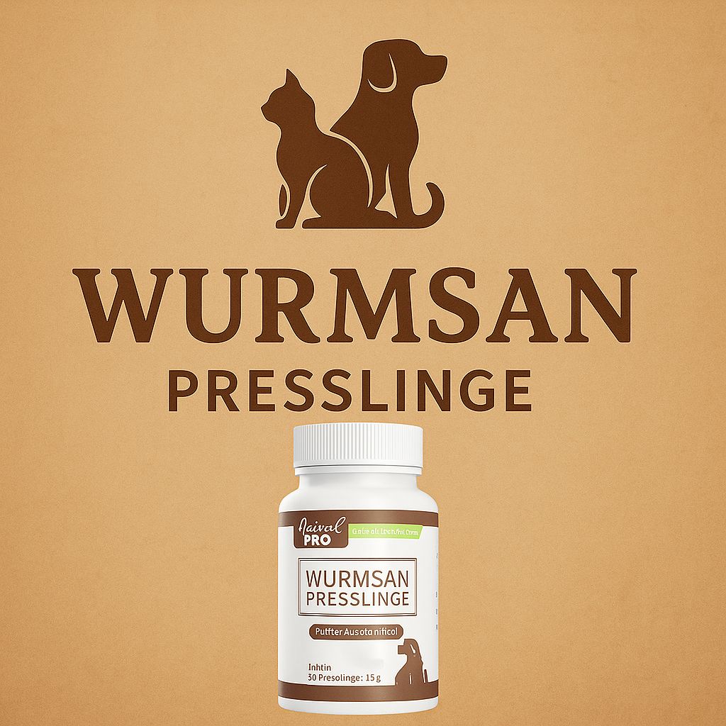 Brauner Hintergrund mit Katze-Hund-Silhouette. Schriftzug: Wurmsan Presslinge. Darunter eine weiße Flasche mit braunem Etikett.