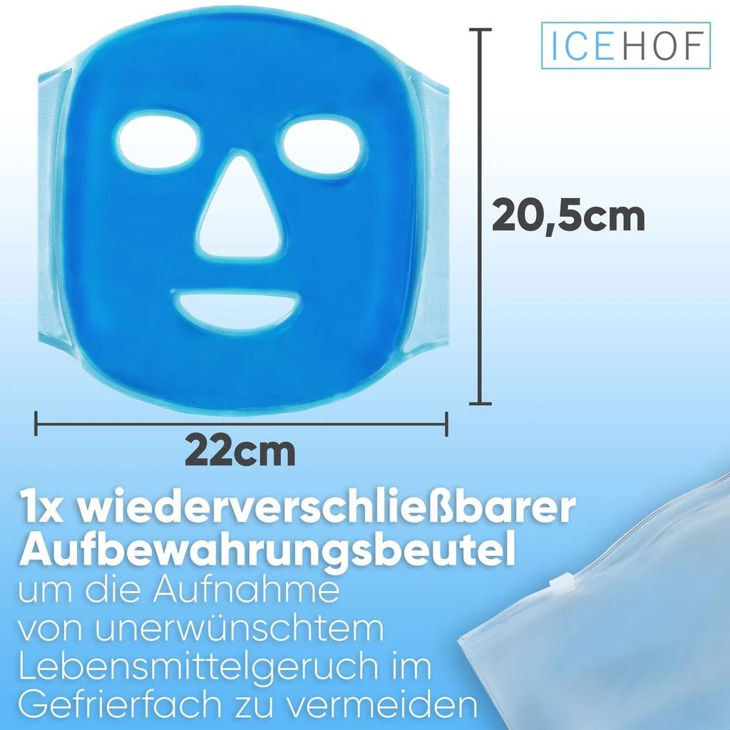 Blaue Kühlmaske mit Klettverschluss, Maße 22x20,5cm, mit wiederverschließbarem Beutel.