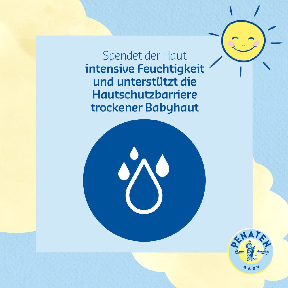 Blaues Quadrat mit Wassertropfen-Symbol. Text: Spendet intensive Feuchtigkeit und unterstützt die Hautschutzbarriere trockener Babyhaut. Penaten Baby Logo.