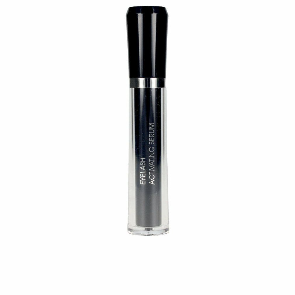 Eyelash Activating Serum. Schwarze Flasche mit silbernem Ring. Klarer Hintergrund.
