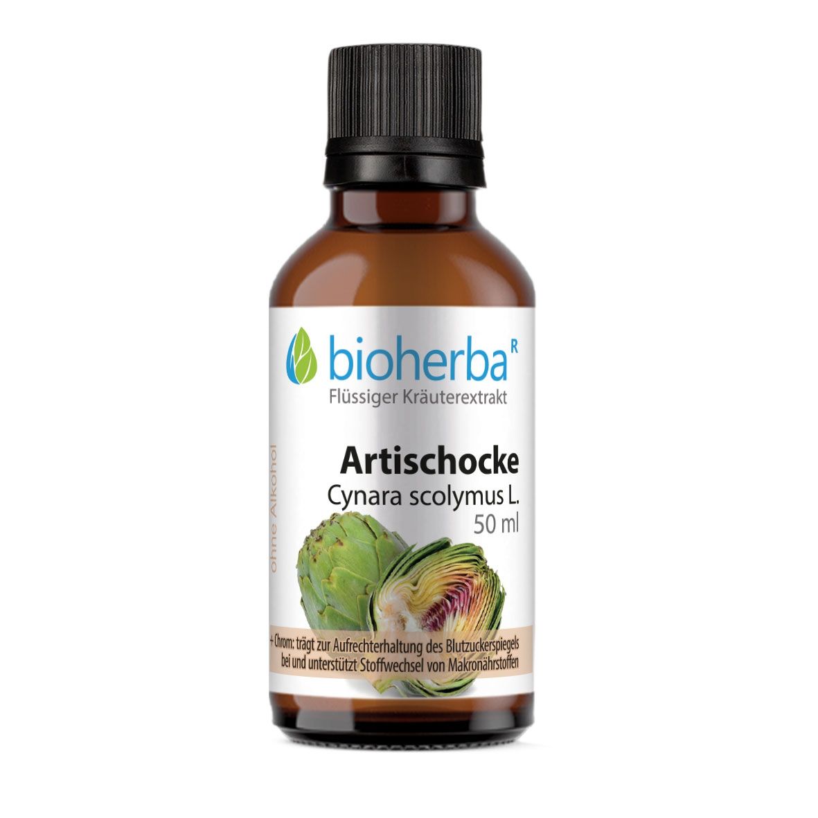 Braune Glasflasche mit schwarzem Deckel. Etikett mit Produktname: Artischocke Cynara scolymus L. 50 ml. Marke: bioherba.