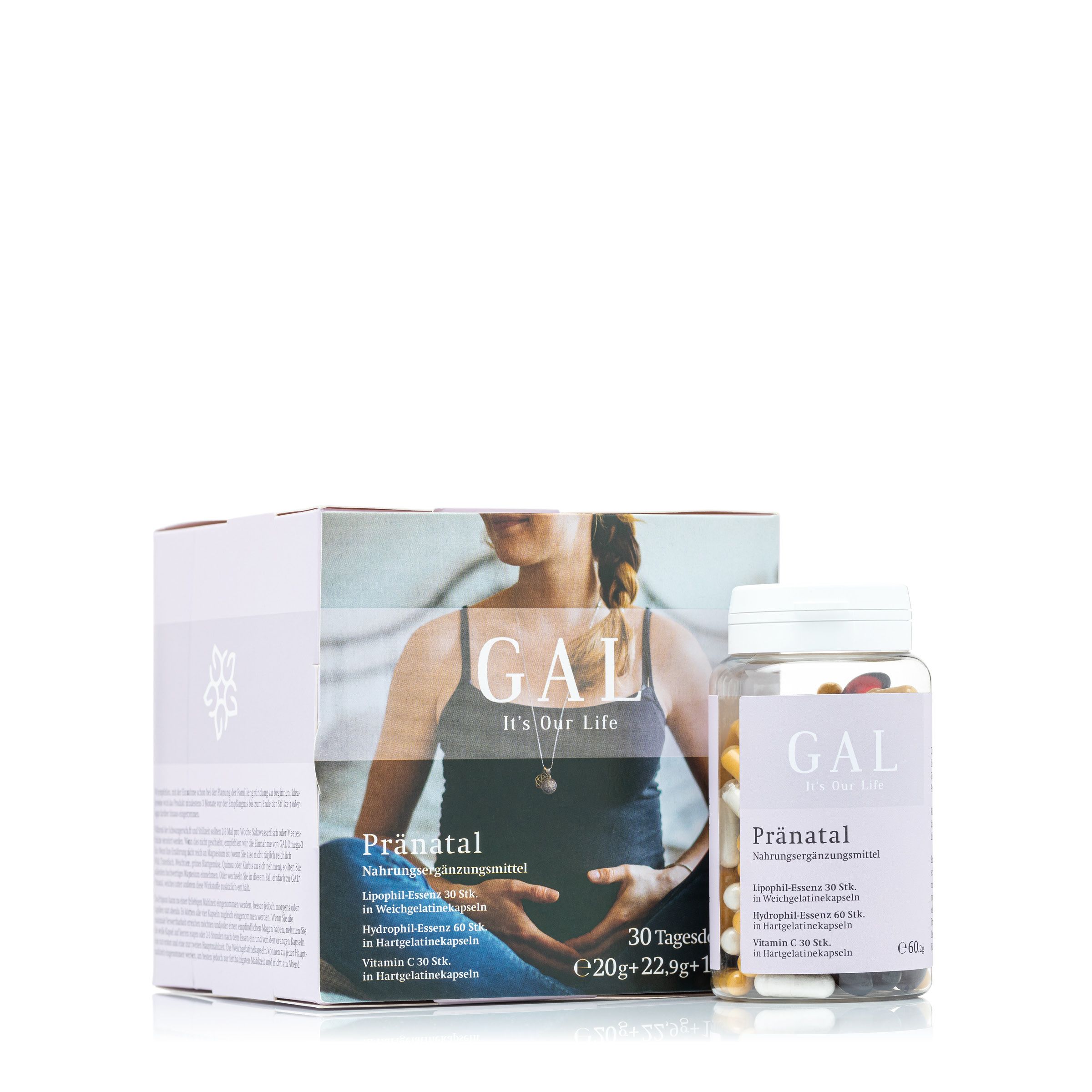 Verpackung und Flasche mit Kapseln. Auf der Verpackung: GAL Pränatal. Auf der Flasche: GAL Pränatal. 30 Tagesdosen.