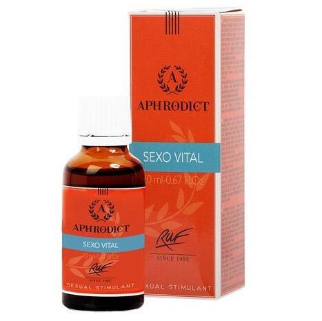 Braune Glasflasche und Verpackung. Aufschrift: APHRODICT SEXO VITAL, RUF. Orangefarbenes Design mit Logo.