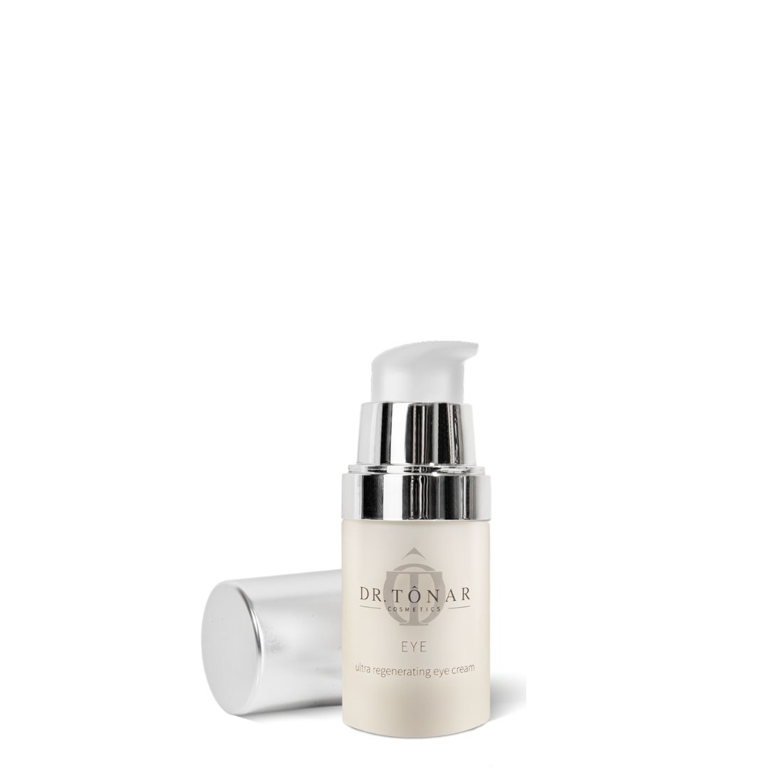 Beige Creme-Flakon mit silbernem Pumpkopf und Deckel. Aufschrift: DR. TONAR COSMETICS, EYE, ultra regenerating eye cream.