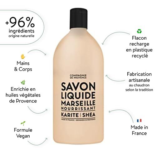 Beige Flasche mit schwarzem Deckel. Text: SAVON LIQUIDE MARSEILLE NOURRISSANT KARITE | SHEA. +96% Inhaltsstoffe natürlichen Ursprungs.