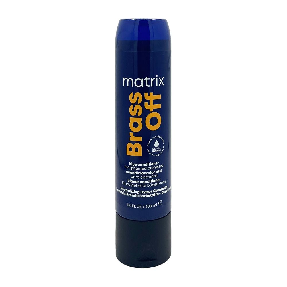 Blauer Conditioner. Matrix Brass Off. Flasche mit Produktinformationen. 300 ml.