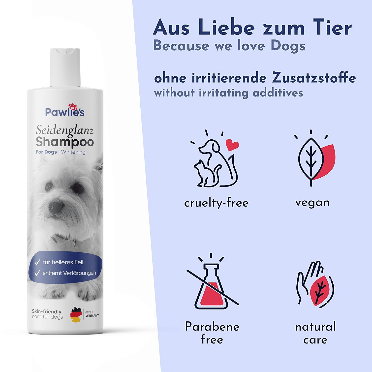 Pawlie's Hundeshampoo Flasche. Text: Aus Liebe zum Tier, ohne irritierende Zusatzstoffe, cruelty-free, vegan, parabenfrei, natural care. Pawlie's Logo.