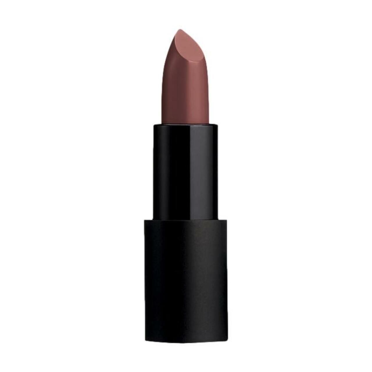 Lippenstift mit schwarzem Gehäuse und rosabrauner Spitze. Der Lippenstift ist teilweise ausgefahren.