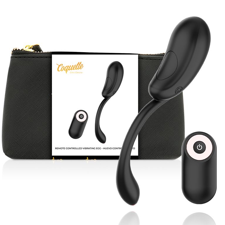 Schwarzer Vibrator mit Fernbedienung, in schwarzer Tasche. Auf der Verpackung steht "Coquette".