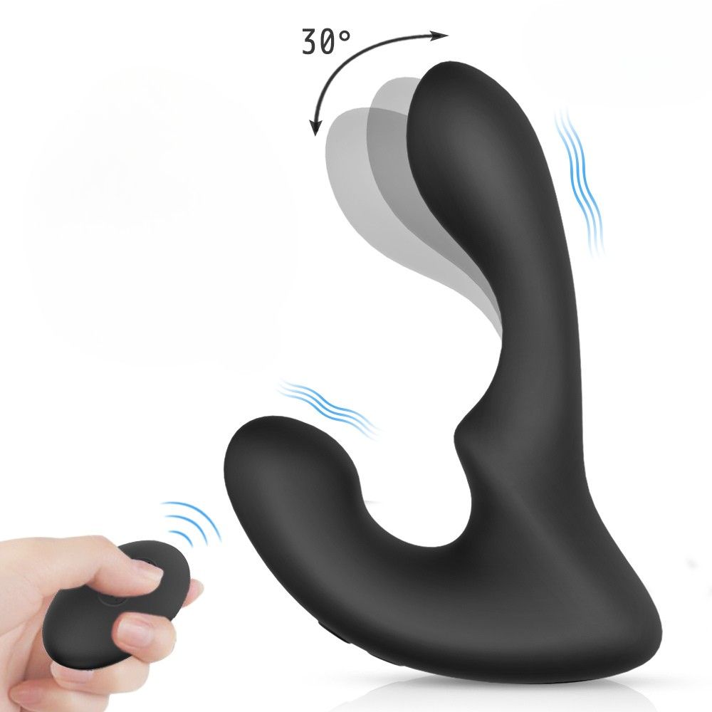 Schwarzer Vibrator mit Fernbedienung. Der Kopf ist in verschiedenen Positionen dargestellt.