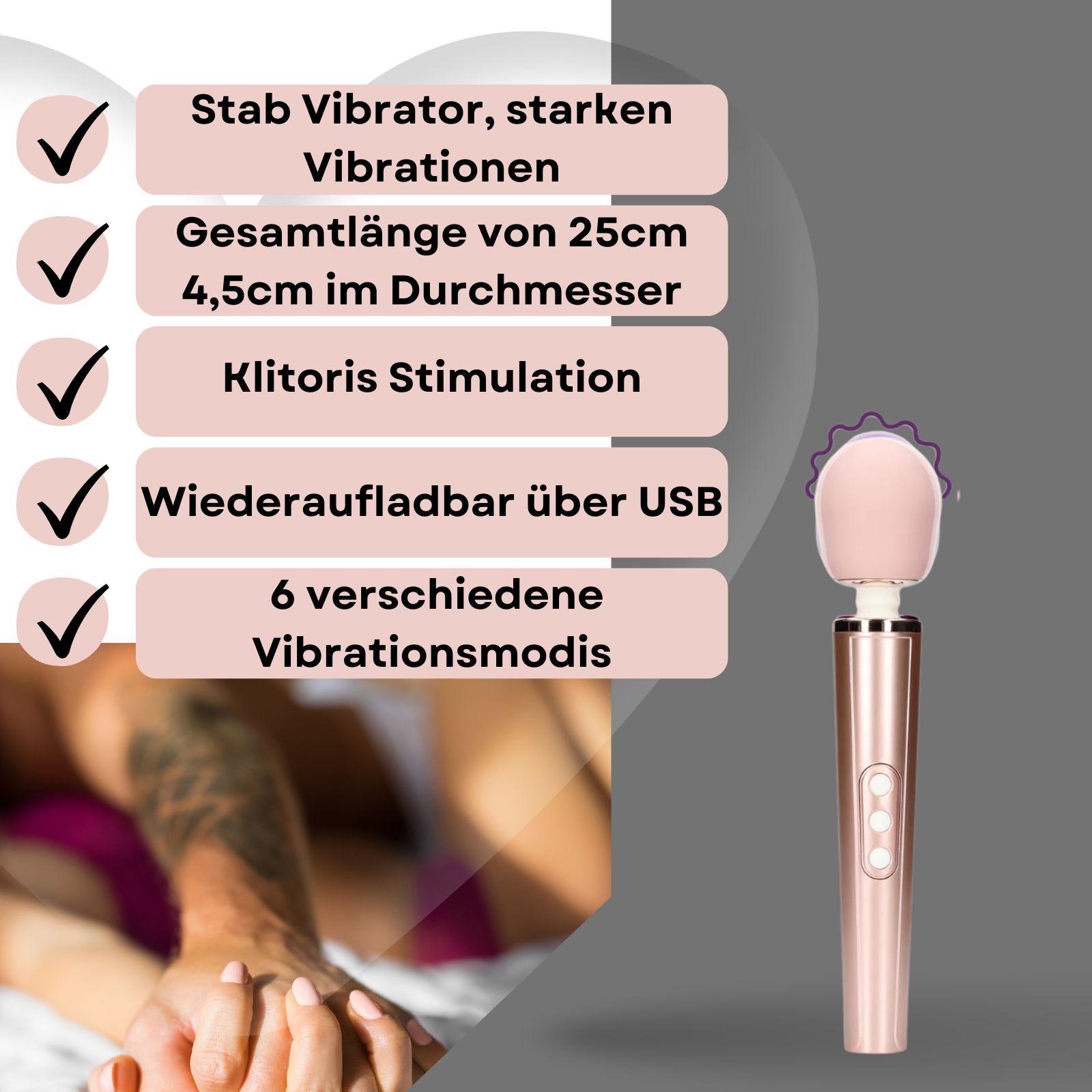 Stabvibrator mit Text. 25cm lang, 4,5cm Durchmesser. USB-Aufladung. 6 Vibrationsmodi.