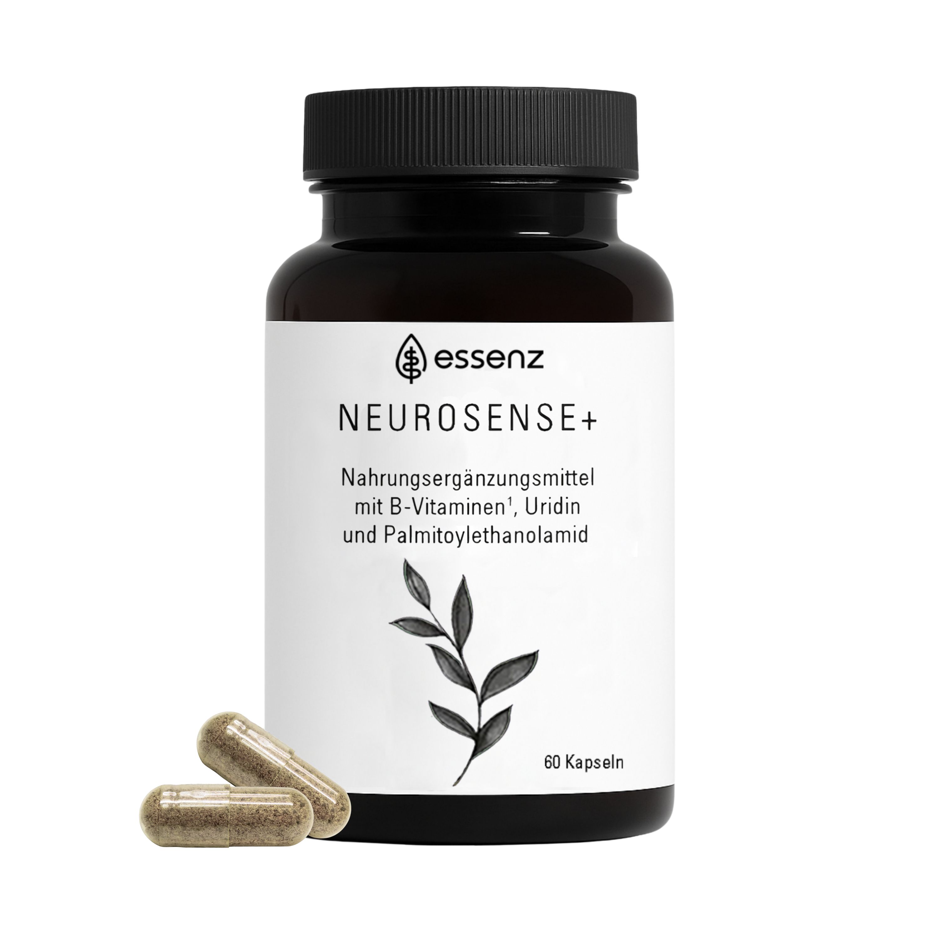 Braune Flasche ESSENZ Neurosense+ Kapseln, 60 Kapseln. Zwei Kapseln liegen daneben. Text: Nahrungsergänzungsmittel.
