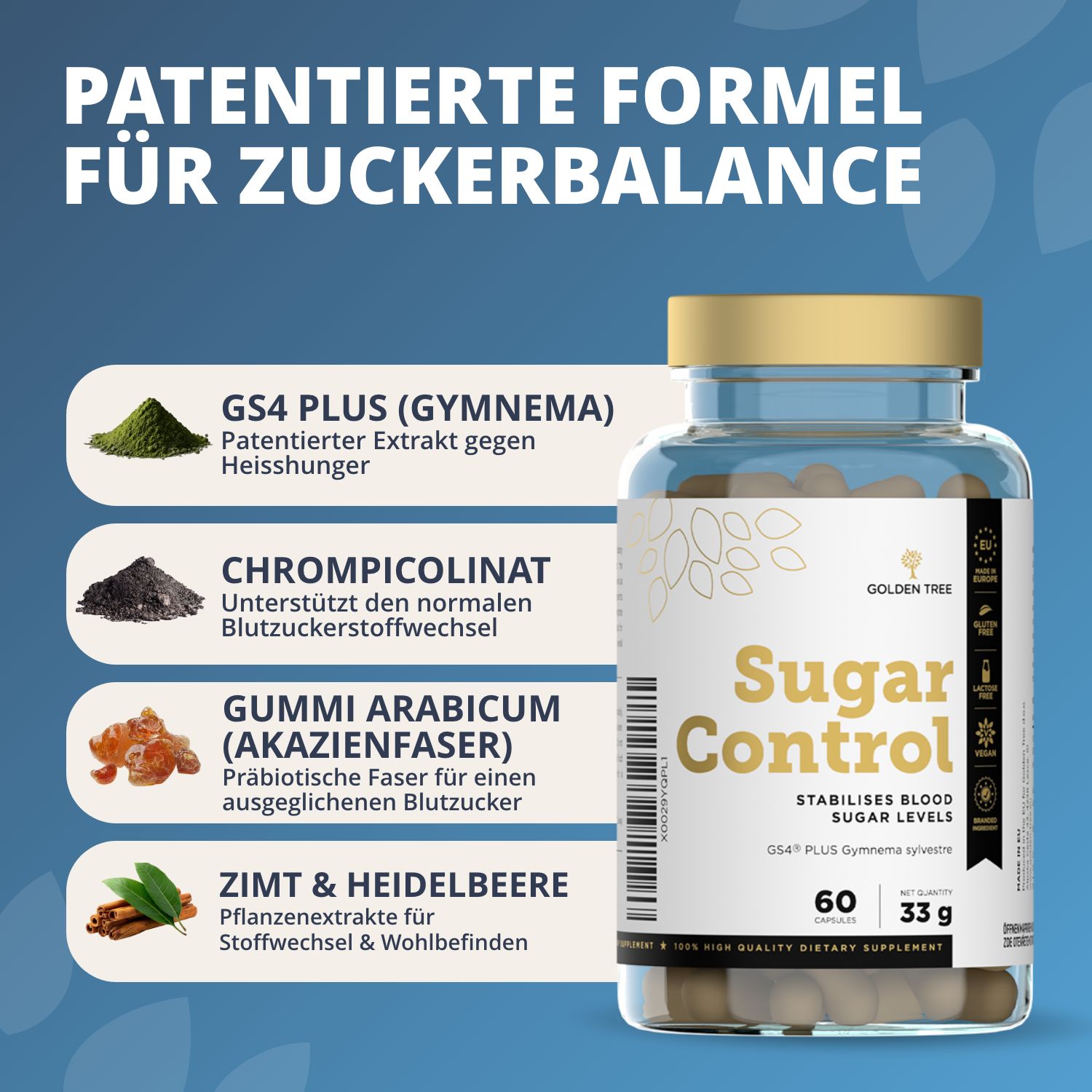 Golden Tree Sugar Control Kapseln mit Zutatenübersicht.