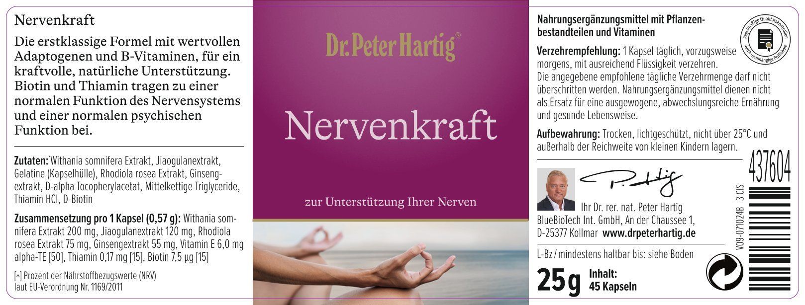 Etikett von "Dr. Peter Hartig Nervenkraft". Enthält Produktnamen, Inhaltsstoffe und Verzehrempfehlung.