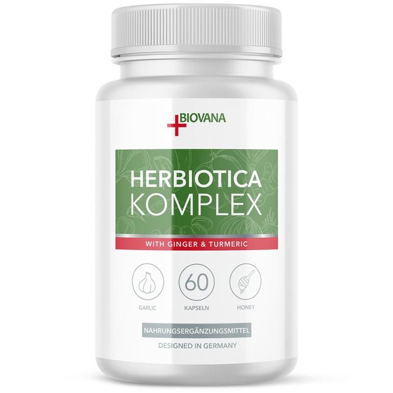 Weiße Flasche mit Kapseln. Aufschrift: Herbiotica Komplex, 60 Kapseln. Mit Ingwer & Kurkuma. Marke: Biovana.