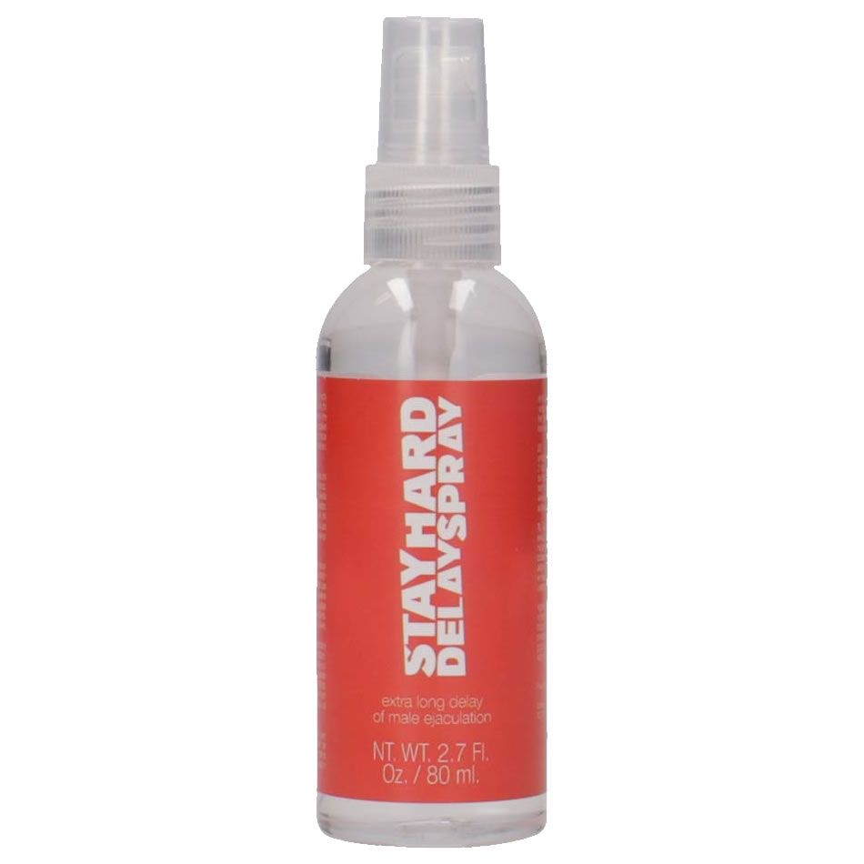 Transparente Sprühflasche mit rotem Etikett. Aufschrift: STAYHARD DELAYSPRAY. Enthält 80 ml.