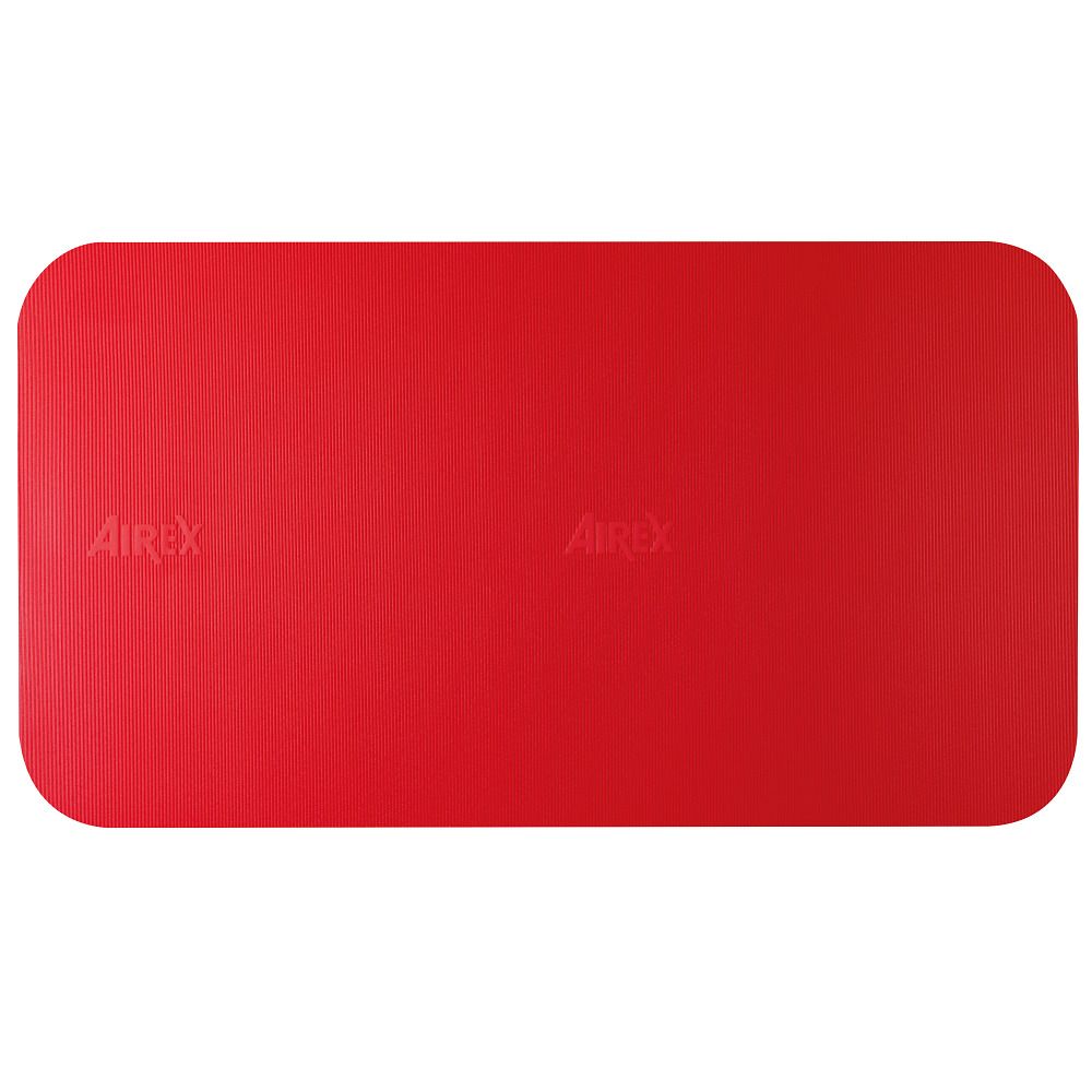 Rotes, rechteckiges Fitness-Matte. Mit AIRREX-Logo. Geriffelte Oberfläche.