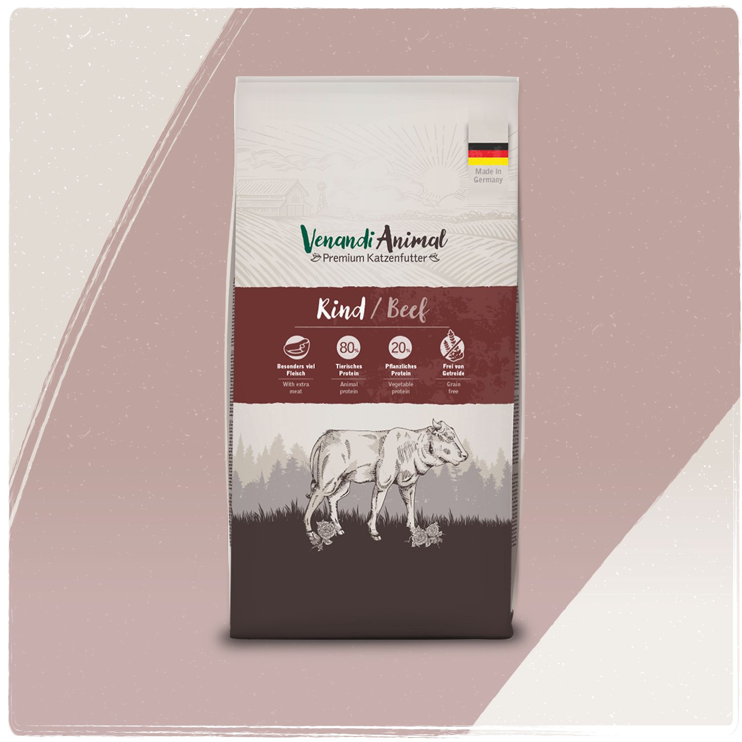 Venandi Animal Rind Premium Katzenfutter Beutel mit Rinderabbildung und deutscher Flagge auf rosa Hintergrund.