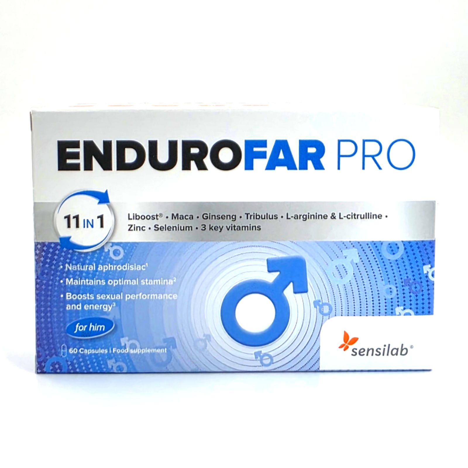 Schachtel mit "ENDUROFAR PRO". Enthält 60 Kapseln. Mit Inhaltsstoffen wie Maca, Ginseng und Zink. Sensilab Logo.