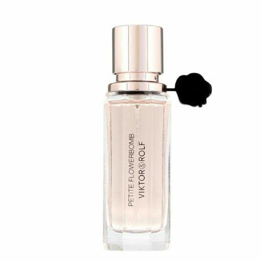 Parfümflakon mit rosa Flüssigkeit. Aufschrift: PETITE FLOWERBOMB VIKTOR&ROLF. Schwarze Verschlusskappe mit Logo.