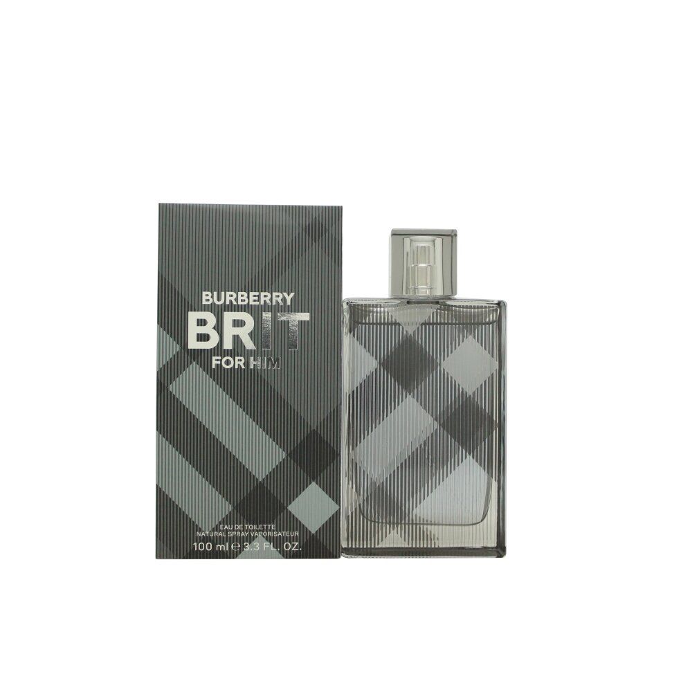 Burberry Brit for Him Eau de Toilette. Flakon und Verpackung mit Karomuster. Rechteckiger Flakon mit Sprühkopf.