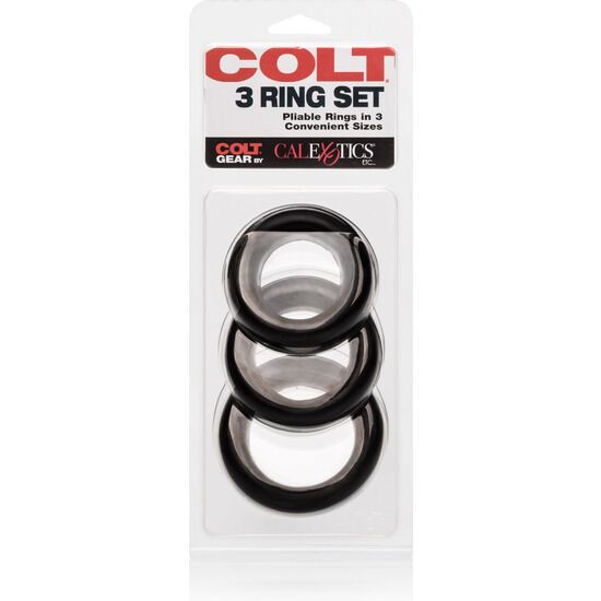 Verpackung mit drei schwarzen Ringen. Produktname: COLT 3 RING SET. Marke: CalExotics.