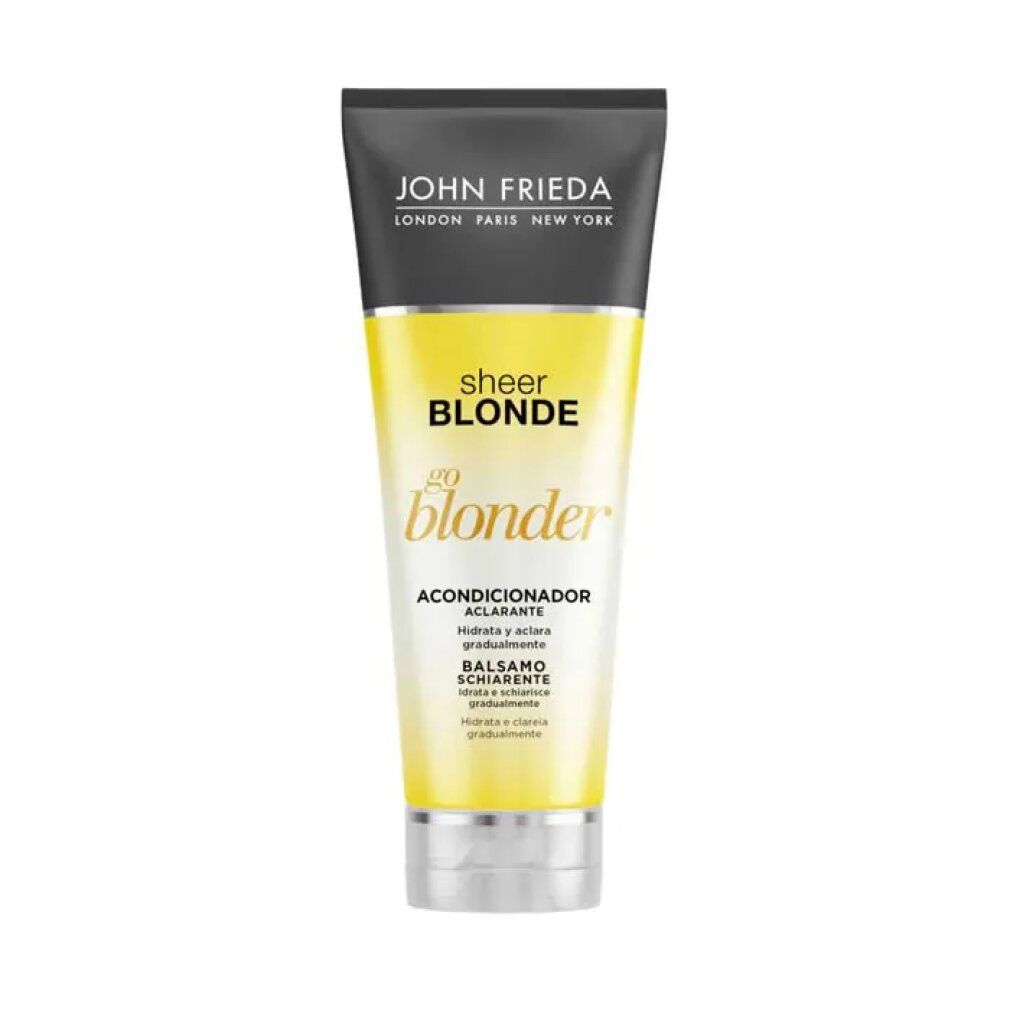 Gelbe Tube mit schwarzem Deckel. Aufschrift: John Frieda Sheer Blonde Go Blonder Lightening Conditioner. Enthält Zitrus & Kamille.