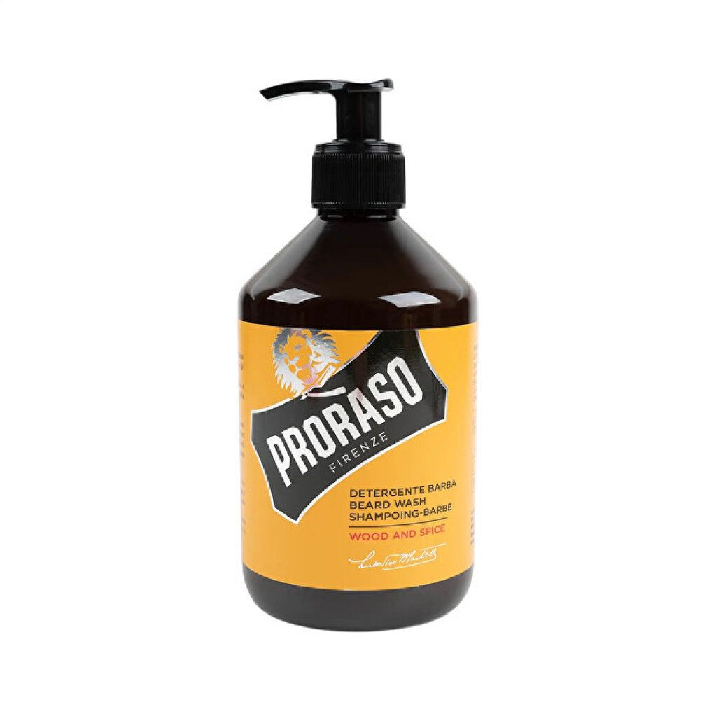 Braune Flasche mit schwarzem Pumpkopf. Etikett mit Logo und Schriftzug. Text: Detergente Barba, Wood and Spice.