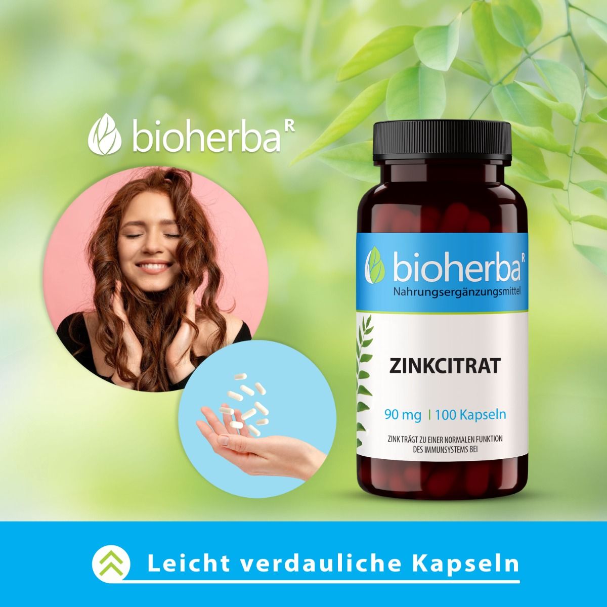 Braune Flasche mit schwarzen Deckel. Aufschrift Zinkcitrat, 90 mg, 100 Kapseln. Frau mit langen Haaren und Kapseln in der Hand.