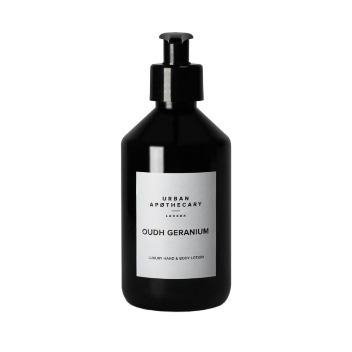 Schwarze Flasche mit Pumpe. Aufkleber mit "Urban Apothecary London" und "Oudh Geranium". Luxus Hand & Body Lotion.