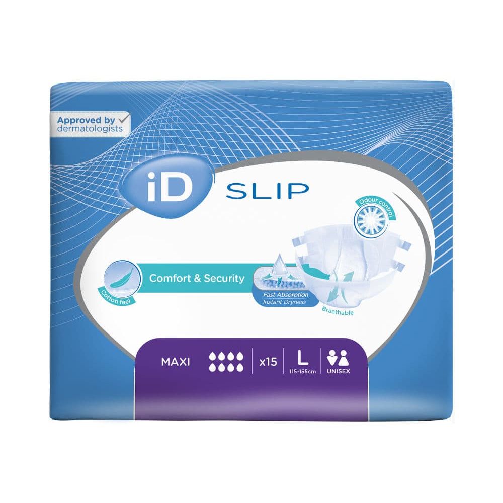 Verpackung iD Slip Maxi. Blau-weiß. Text: Comfort & Security, Fast Absorption, atmungsaktiv. 15 Stück, Größe L, Unisex.
