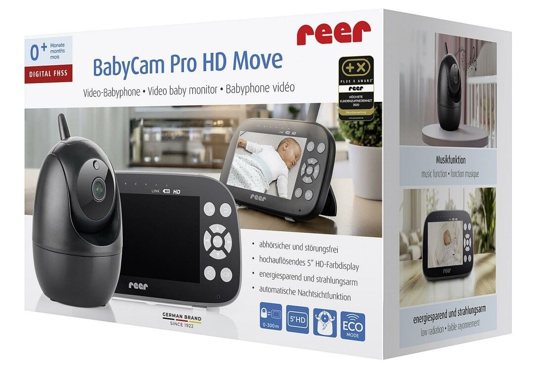 Verpackung der BabyCam Pro HD Move. BabyCam und Monitor abgebildet. Marke reer. Text: Babyphone, Video-Babyphone.