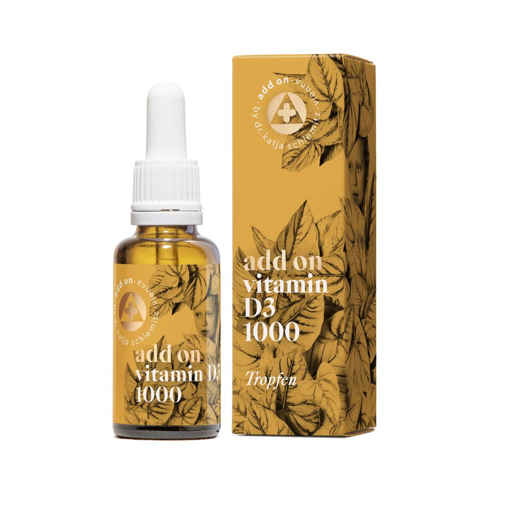 Braune Glasflasche mit Tropfer und gelber Verpackung. Aufschrift: add on vitamin D3 1000 Tropfen.