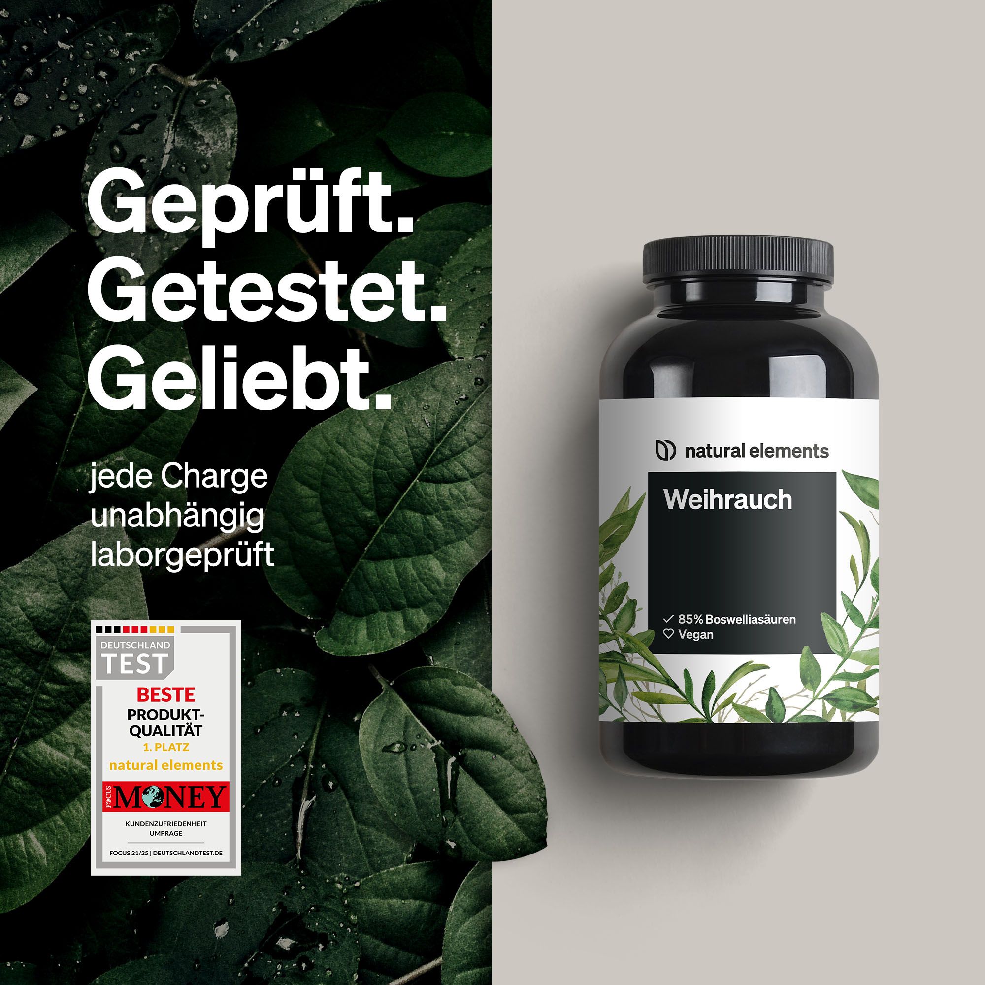 Schwarze Flasche mit weißem Etikett neben grünen Blättern. Text: Geprüft. Getestet. Geliebt. Beste Produktqualität. Vegan.