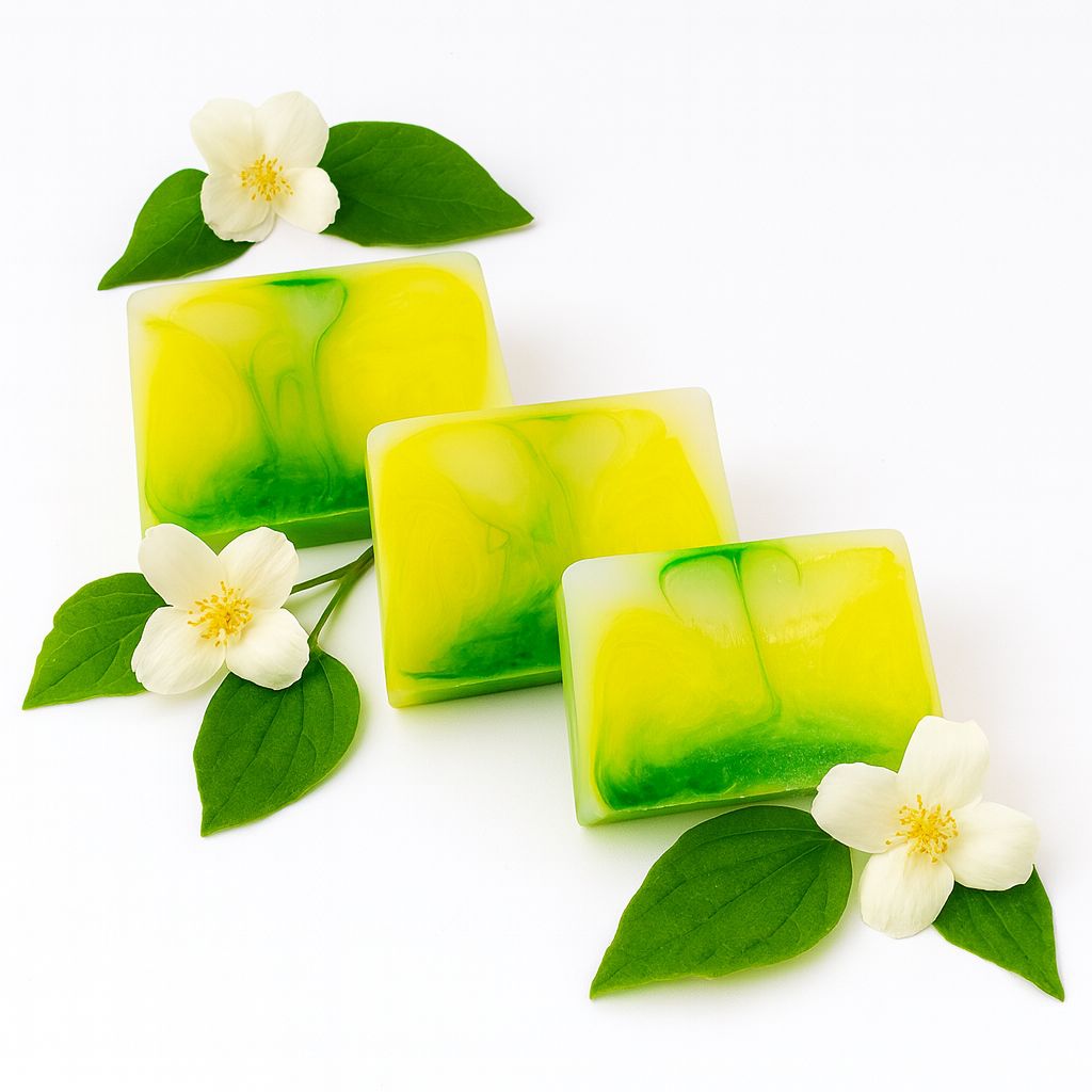 Drei quadratische Seifenstücke mit gelb-grüner Marmorierung. Dazu Jasminblüten und Blätter auf weißem Hintergrund.